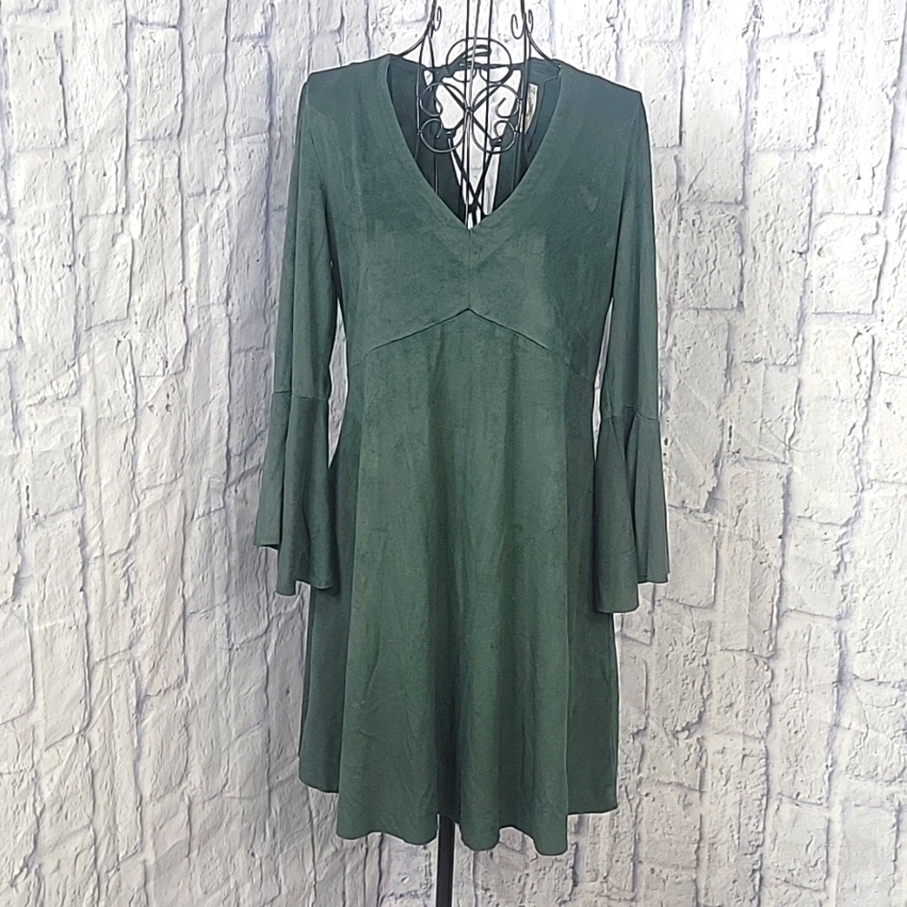 MANGO Velvet Hunter Green Lace Up Tie Back Bell Sleeves Mini Dress Size…